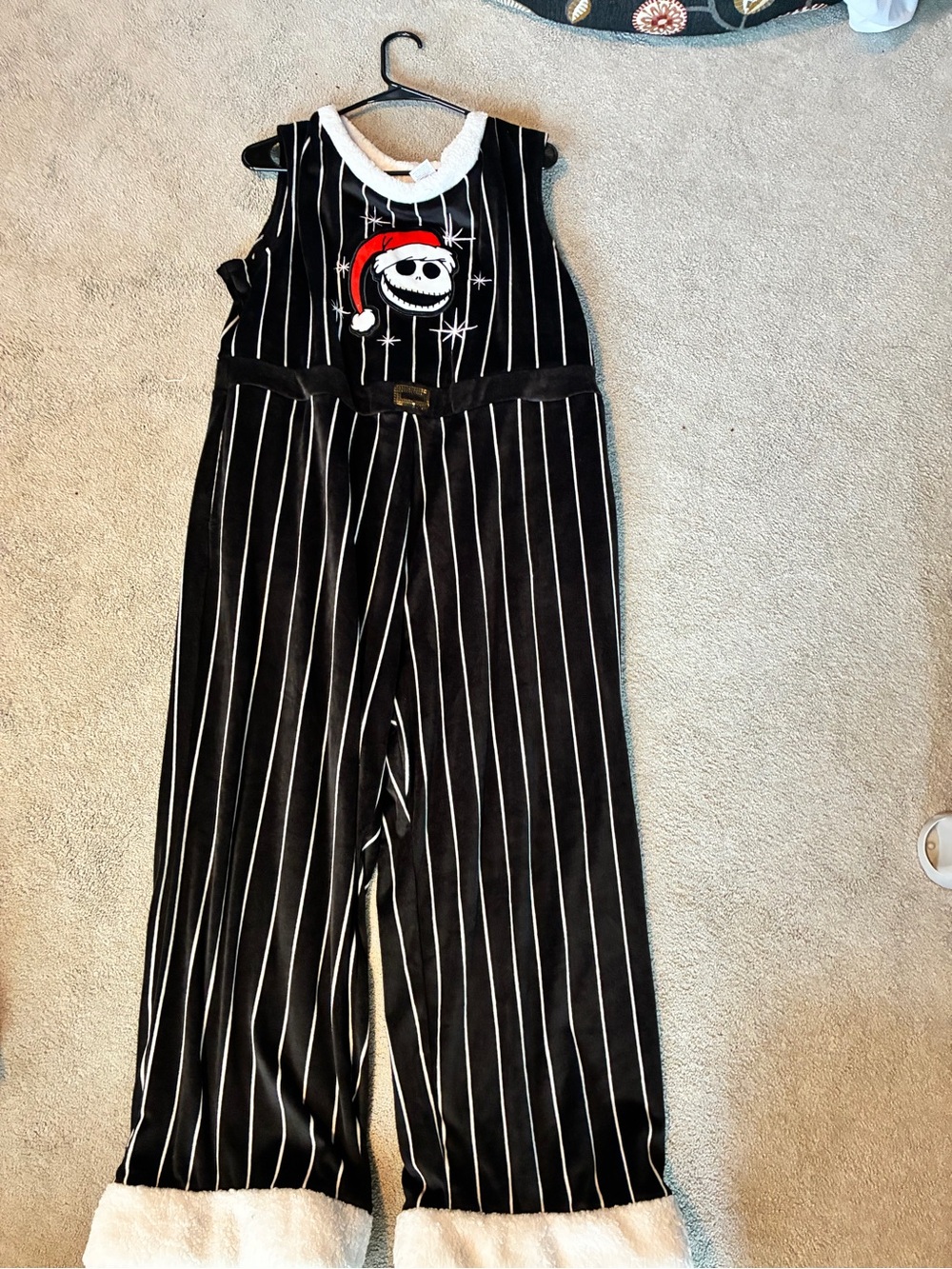 Disney Black Pinstripe Jumpsuit with Red Santa Skull Accent